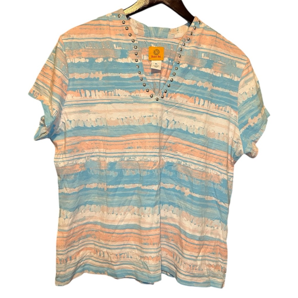 Ruby Rd Cotton multicolor watercolor-like striped tee with studded collar detail